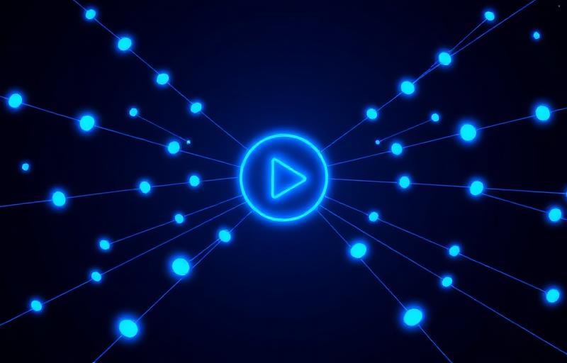 Abstract network of connected nodes around a play symbol representing video distribution