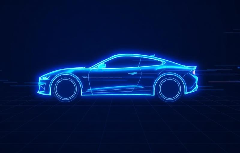Abstract electric-blue wireframe vehicle representing full-motion inventory video