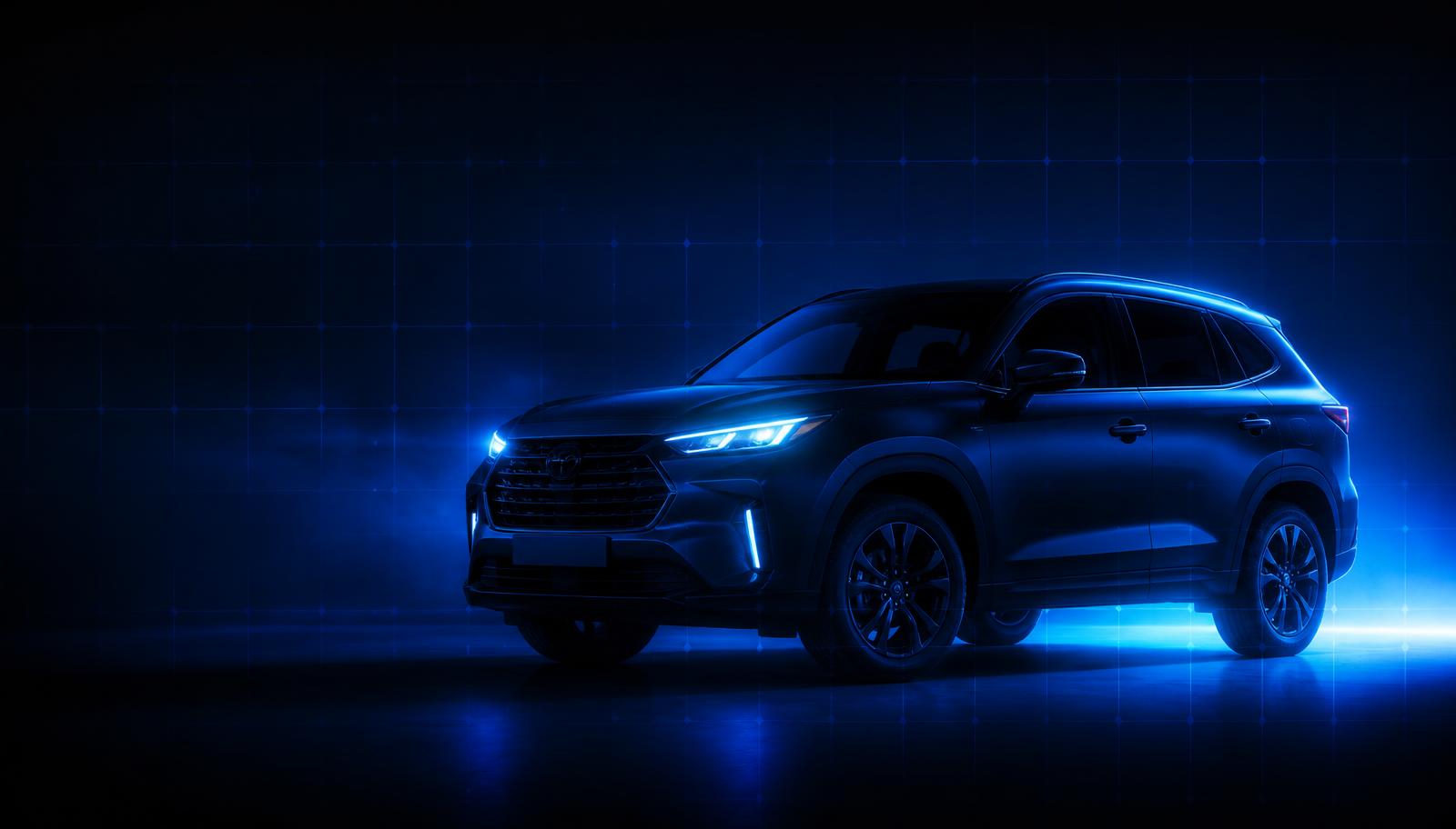Vehicle lit with electric blue studio lighting, LESA video marketing